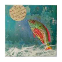 Fish looking at a moon ceramic art tile