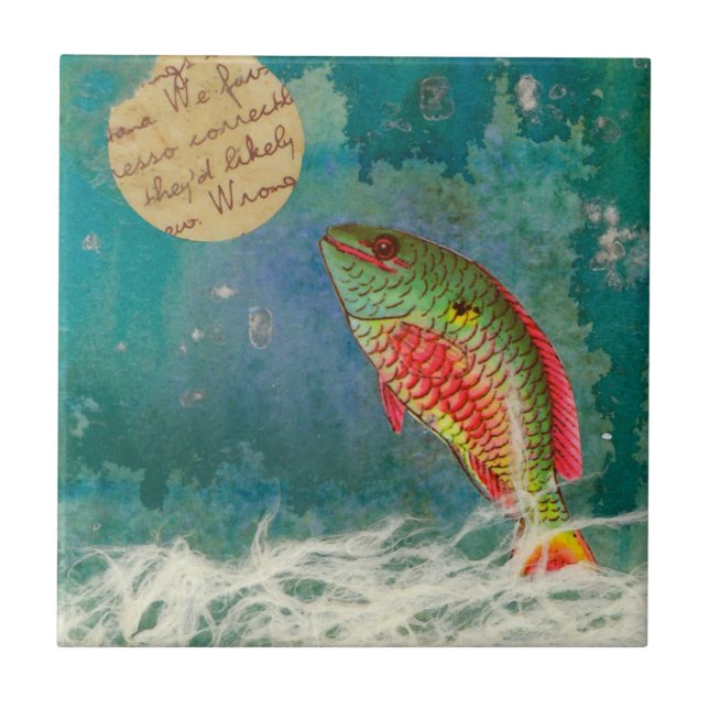 Fish looking at a moon ceramic art tile (Front)