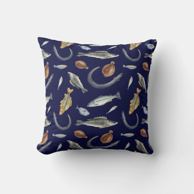 Fish Lover Two Designs Eel Salmon Flounder Perch Throw Pillow (Front)