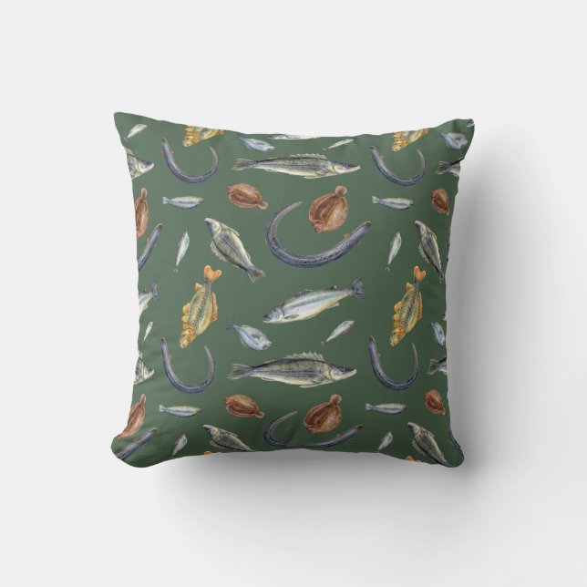 Fish Lover Two Designs Eel Salmon Flounder Perch Throw Pillow (Front)