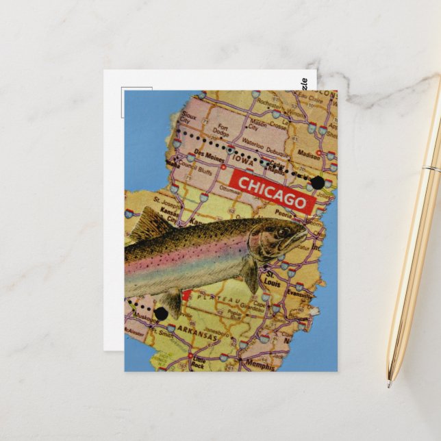 Fish Map Collage Postcard (Front/Back In Situ)