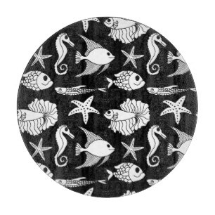 Fish Motif: Black White Pattern. Cutting Board