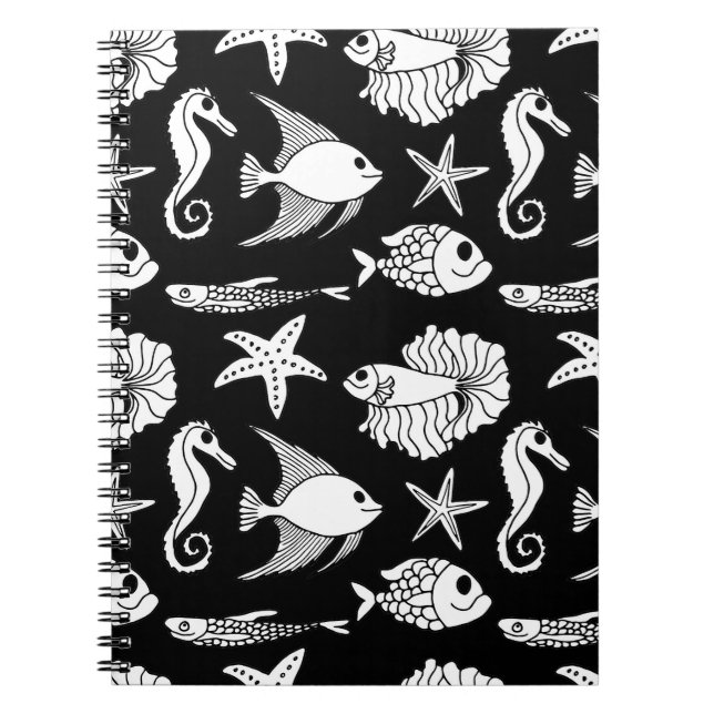 Fish Motif: Black White Pattern. Notebook (Front)