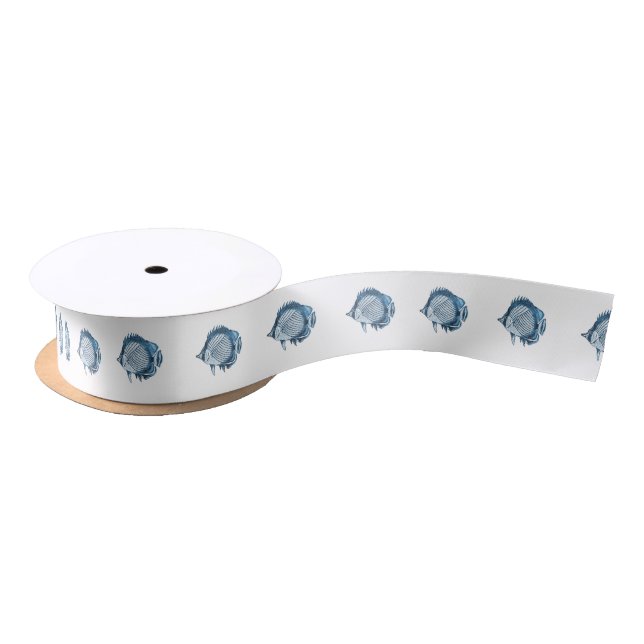 Fish nautical coastal ocean beach blue satin ribbon (Spool)