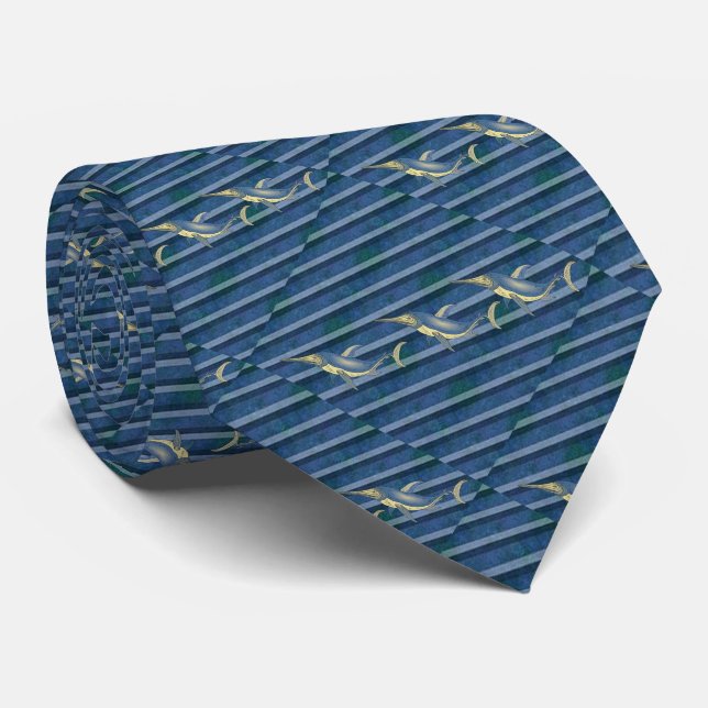 Fish On Blue And Black Stripe Tie (Rolled)