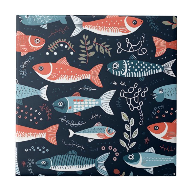 Fish on Navy Cute Illustration Tile (Front)