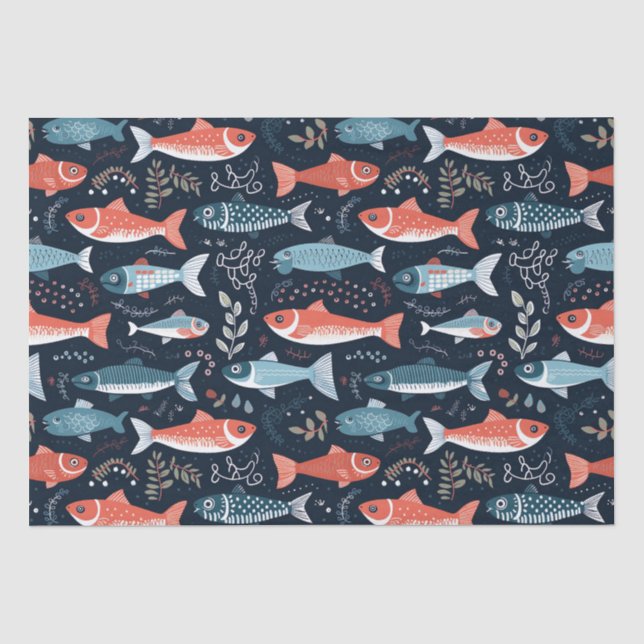 Fish On Navy Cute Illustration Tissue Paper (Front)