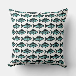 Fish Pattern - Black and Ice Blue on White Throw Pillow