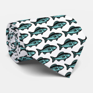 Fish Pattern - Black and Ice Blue on White Tie