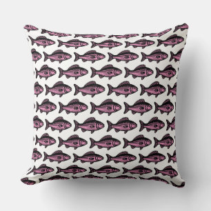 Fish Pattern - Black and Pink on White Throw Pillow