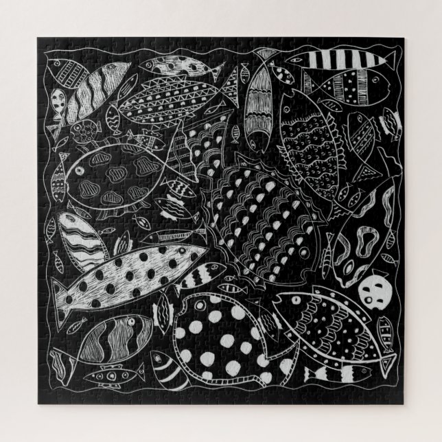 Fish Pattern Black And White Modern Art Jigsaw Puzzle (Vertical)