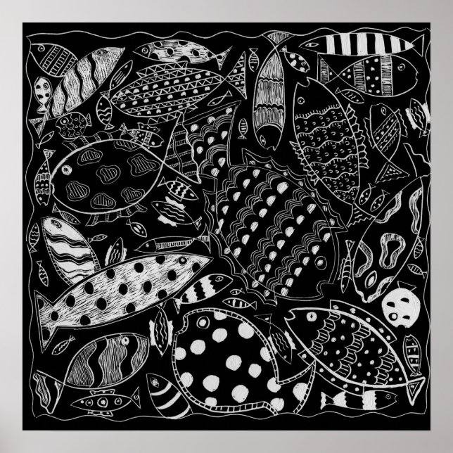 Fish Pattern Black And White Modern Art Print (Front)