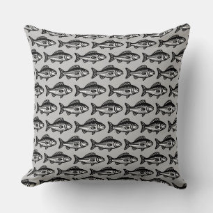 Fish Pattern - Black and White on Grey Throw Pillow