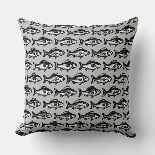 Fish Pattern - Black and White on Grey Throw Pillow (Front)