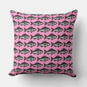 Fish Pattern - Black and White on Pink Throw Pillow