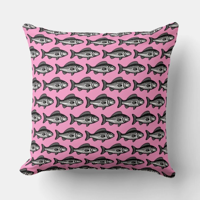 Fish Pattern - Black and White on Pink Throw Pillow (Front)