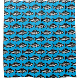 Fish Pattern - Black and White on Sky Blue
