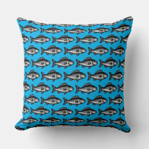 Fish Pattern - Black and White on Sky Blue Throw Pillow