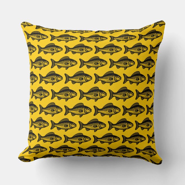 Fish Pattern - Black on Amber Throw Pillow (Front)