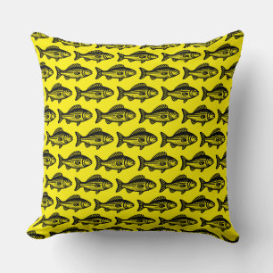 Fish Pattern - Black on Bright Yellow Throw Pillow