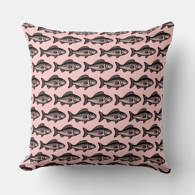 Fish Pattern - Black on Faded Green Throw Pillow (Front)