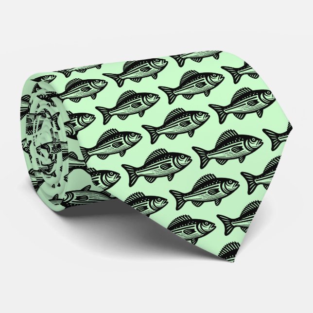 Fish Pattern - Black on Ghost Green Tie (Rolled)