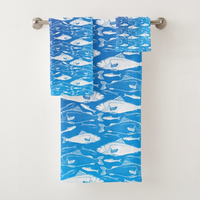 Fish Pattern Blue Bath Towel Set (Insitu)