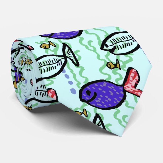 Fish Pattern. Blue Fish and Ghost Fish Tie (Rolled)