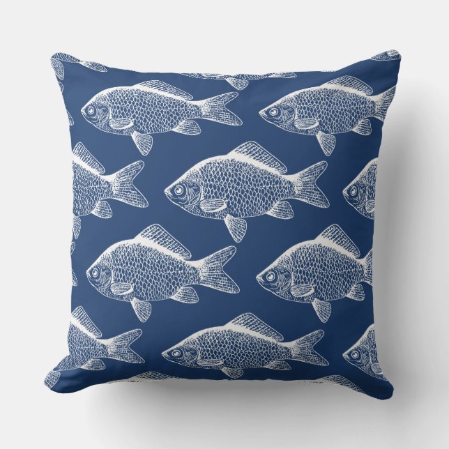 Fish Pattern Blue Outdoor Poolside Patio Pillows (Front)