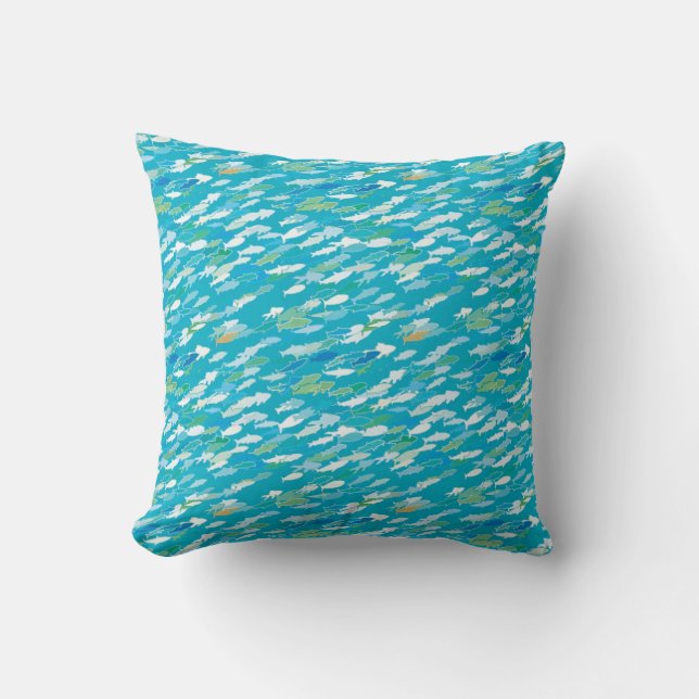 Fish pattern, blue, white, green throw pillow (Front)