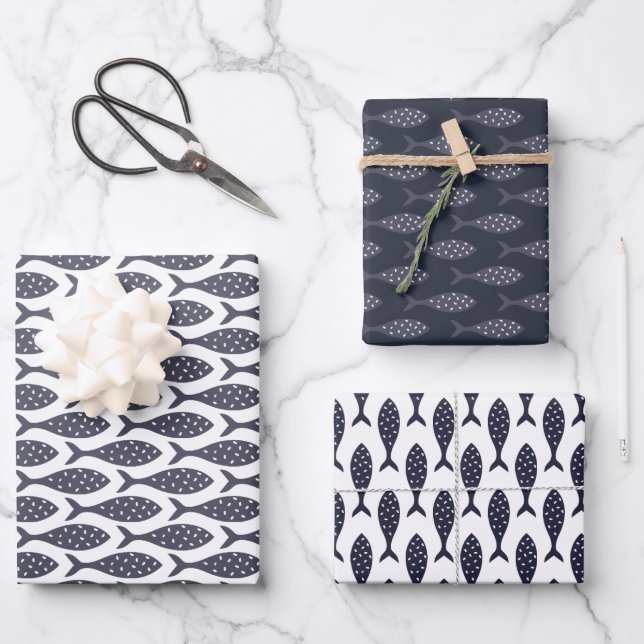 Fish Pattern Blue White Wrapping Paper Sheets (Front)