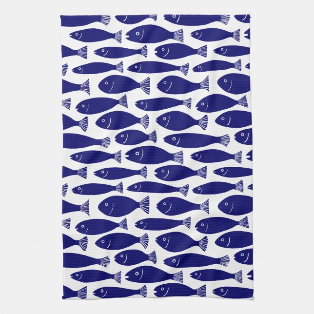 Fish Pattern - Dark Blue on White Kitchen Towel (Vertical)