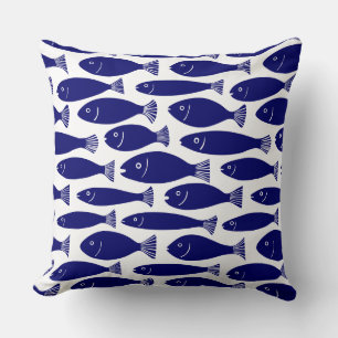 Fish Pattern - Dark Blue on White Throw Pillow