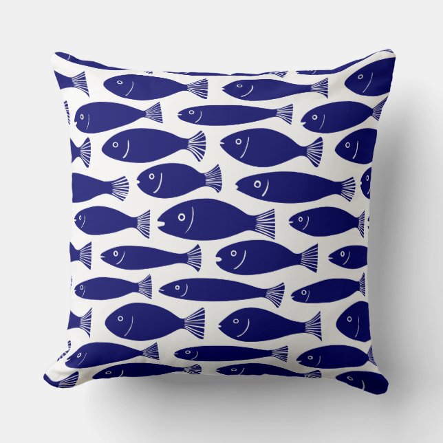 Fish Pattern - Dark Blue on White Throw Pillow (Front)