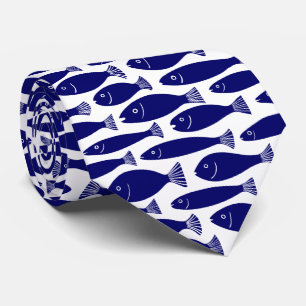 Fish Pattern - Dark Blue on White Tie