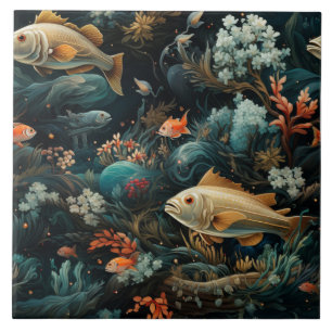Fish Pattern, Dark Blue Sea, Dreamlike Tile
