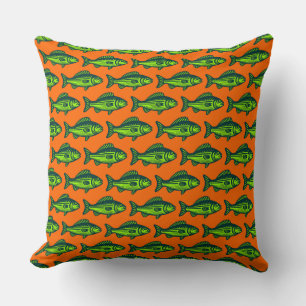 Fish Pattern - Dark Green and Chartreus on Orange Throw Pillow