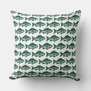 Fish Pattern - Dark Green and Ghost Green on White Throw Pillow