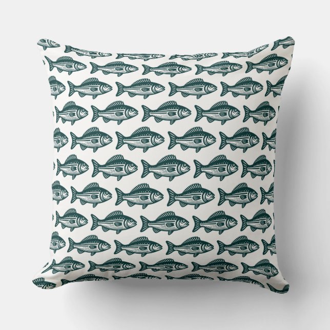 Fish Pattern - Dark Green on White Throw Pillow (Front)