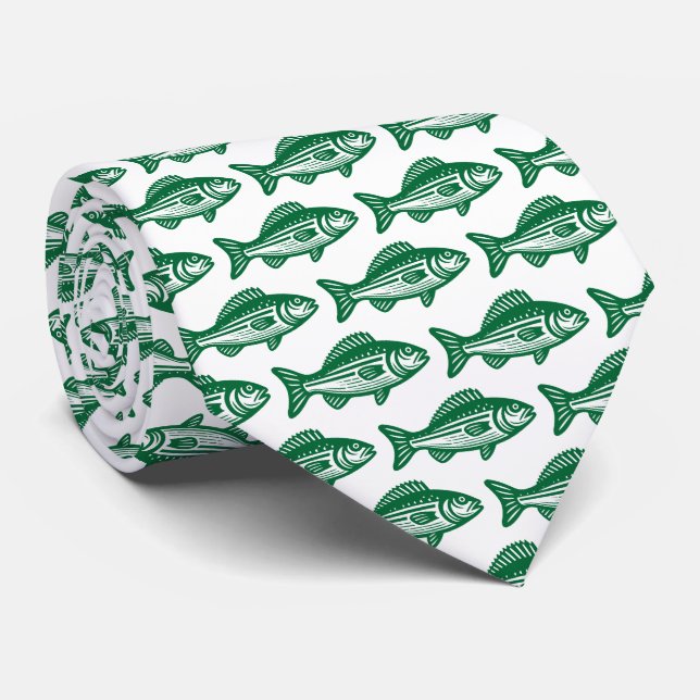 Fish Pattern - Forest Green on White Tie (Rolled)