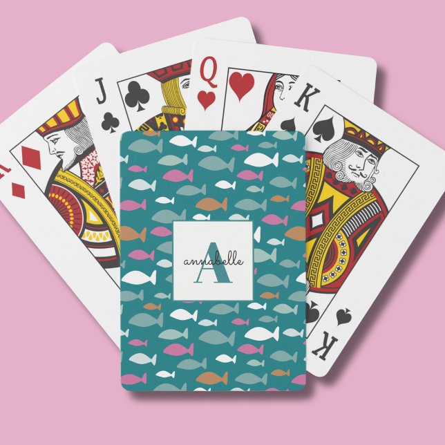 Fish pattern monogram playing cards (Fish pattern personalized playing cards.)