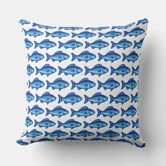 Fish Pattern - Navy Blue and Ice Blue on White Throw Pillow (Front)
