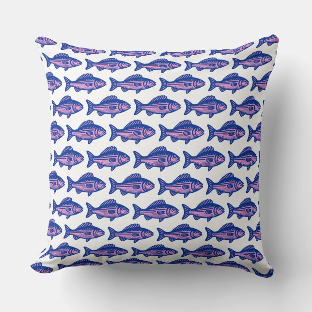 Fish Pattern - Navy Blue and Pink on White Throw Pillow (Front)