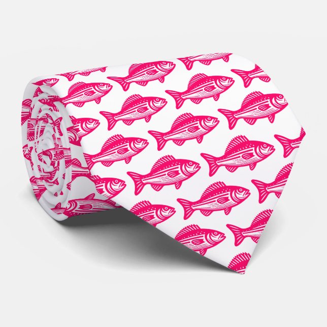 Fish Pattern - Neon Red on White Tie (Rolled)