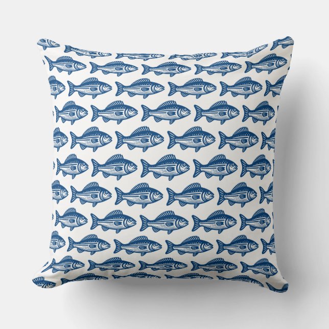 Fish Pattern - Shibori Blue on White Throw Pillow (Front)