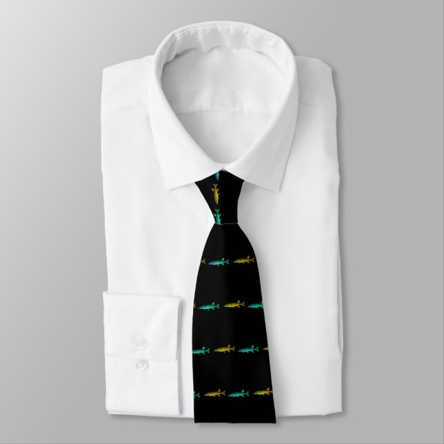 FISH PATTERN.  UNIQUE BLACK TIE WITH FISH. (Tied)