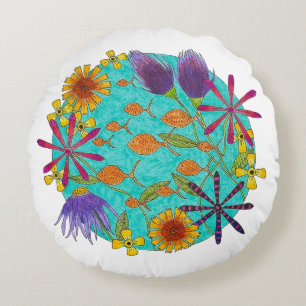 Fish Puddle with Flowers Round Pillow