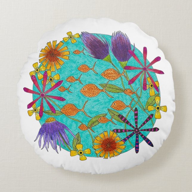 Fish Puddle with Flowers  Round Pillow (Front)