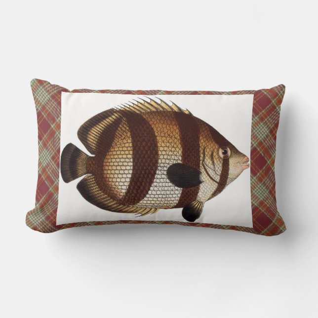 Fish Red Orange Plaid Lumbar Throw Pillow (Front)