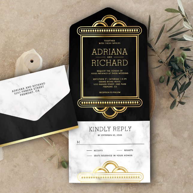 Fish Scale Black and Gold Art Deco Marble Wedding All In One Invitation (Creator Uploaded)